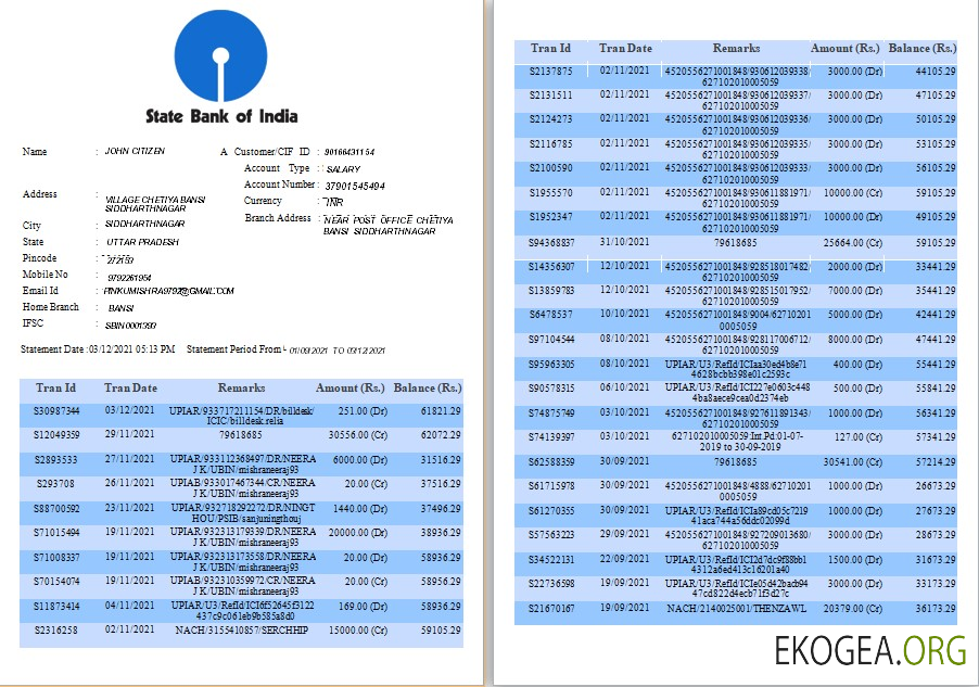 Modèle de relevé bancaire de l'India State Bank of India, format Word et PDF, 6 pages